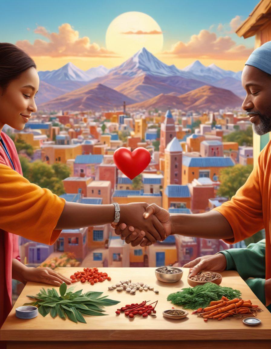 An inspiring scene depicting diverse community members collaborating in a vibrant health clinic, showcasing a blend of traditional and modern medicine. Incorporate symbols of philanthropy such as hands exchanging hearts or donations enhancing health services, with a beautiful backdrop of global landmarks representing health transformation. Warm, uplifting colors to reflect hope and unity. super-realistic. vibrant colors. 3D.
