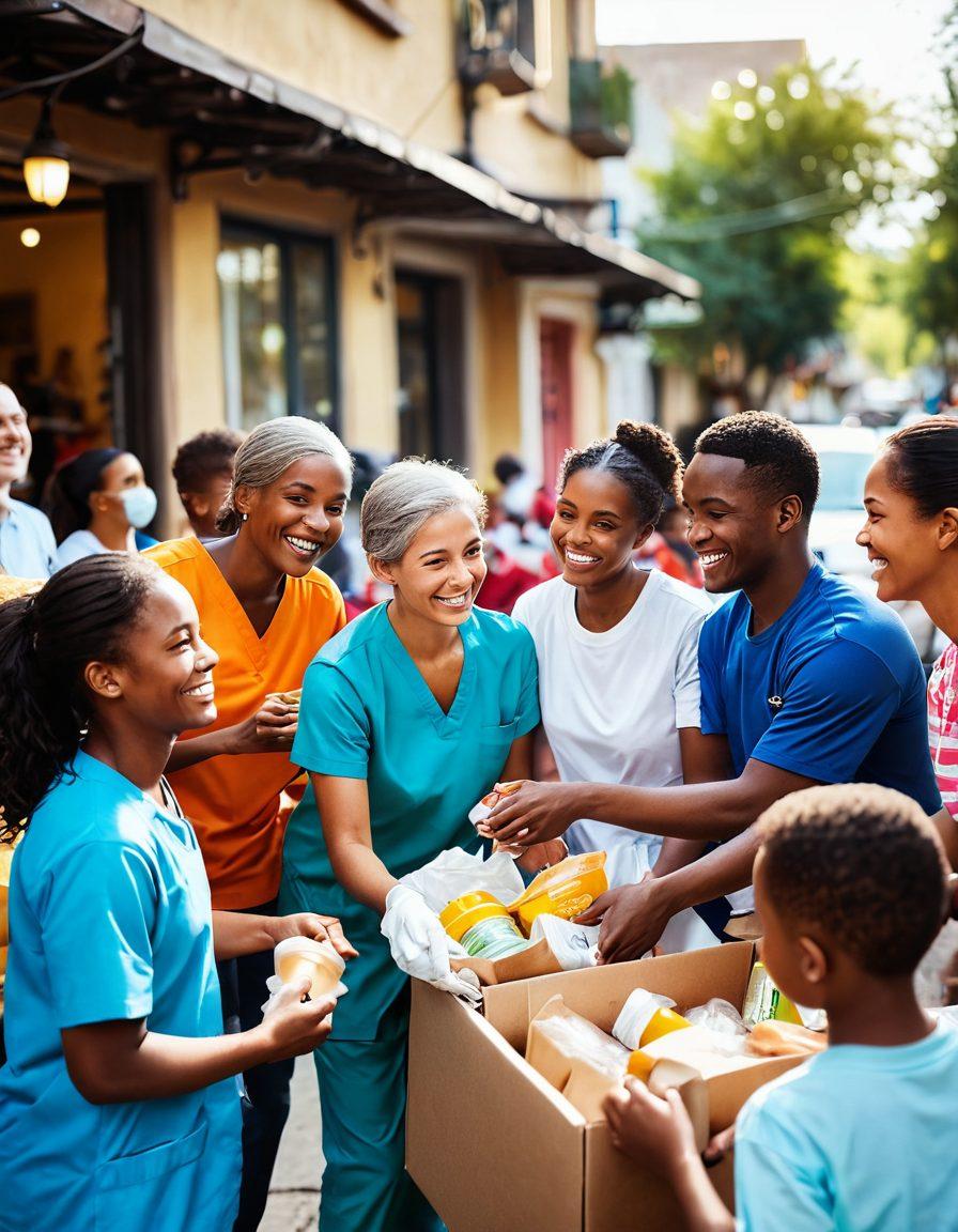 A heartwarming scene depicting a diverse group of volunteers distributing food and medical supplies to a smiling family in need, set against a backdrop of a vibrant, bustling community. The image should showcase the warmth and connection between people, with elements of kindness such as hugs and shared laughter. Soft, glowing light illuminates the scene to emphasize hope and positivity. super-realistic. vibrant colors. soft focus.