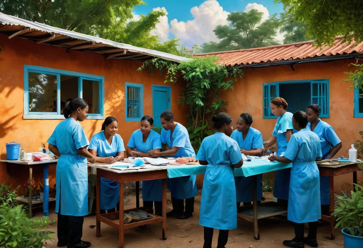A group of diverse healthcare workers in action, providing medical care in a vibrant makeshift clinic, surrounded by patients from various cultures, showcasing compassion and teamwork. The backdrop features lush greenery and a hopeful sky, symbolizing resilience and hope. Emphasize details like medical supplies, heartfelt interactions, and a sense of urgency. painting. vibrant colors. 3D.